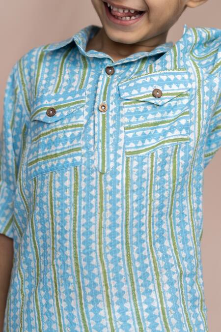 Shop_Petite Pomme_Blue Cotton Embroidery Striped Kurta Set