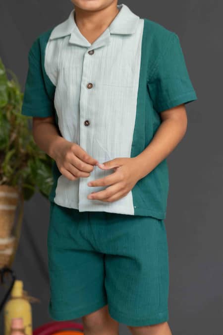 Petite Pomme_Green Cotton Shirt And Shorts Set_at_Aza_Fashions