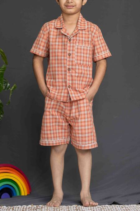 Petite Pomme Orange Cotton Checked Shirt And Shorts Set Online at Aza Fashions Petite Pomme_Orange Cotton Checked Shirt And Shorts Set_Online_at_Aza_Fashions