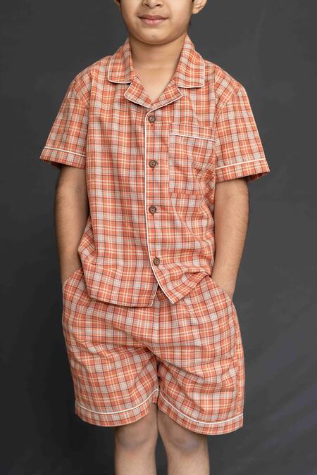 Buy Petite Pomme Orange Cotton Checked Shirt And Shorts Set Online at Aza Fashions Buy_Petite Pomme_Orange Cotton Checked Shirt And Shorts Set_Online_at_Aza_Fashions