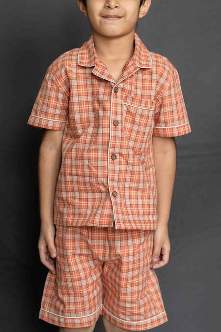 Shop Petite Pomme Orange Cotton Checked Shirt And Shorts Set Online at Aza Fashions Shop_Petite Pomme_Orange Cotton Checked Shirt And Shorts Set_Online_at_Aza_Fashions