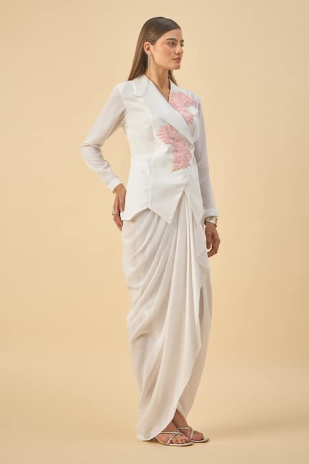 Aakaar_White Modal Embroidery Blazer And Dhoti Skirt Set _Online_at_Aza_Fashions
