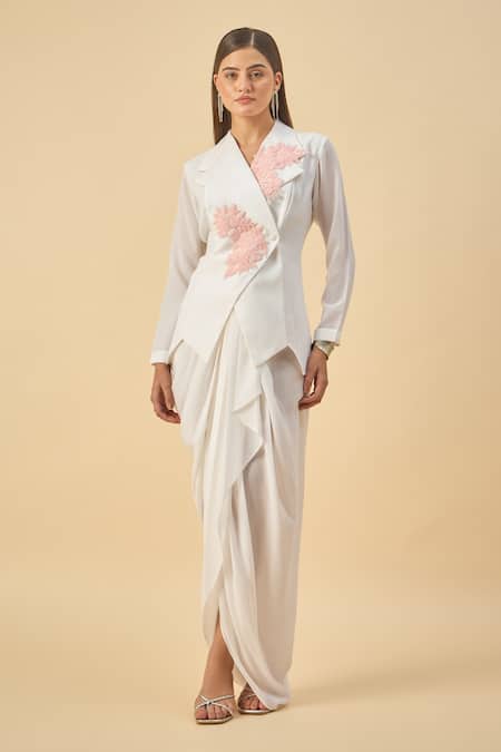 Buy_Aakaar_White Modal Embroidery Blazer And Dhoti Skirt Set _Online_at_Aza_Fashions