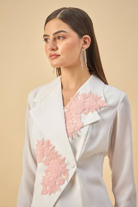 Shop_Aakaar_White Modal Embroidery Blazer And Dhoti Skirt Set _Online_at_Aza_Fashions