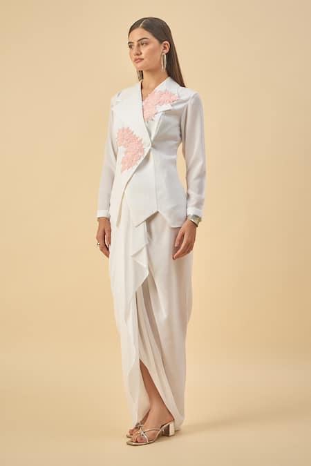 Aakaar_White Modal Embroidery Blazer And Dhoti Skirt Set _at_Aza_Fashions
