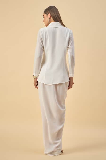 Aakaar White Embroidered Blazer & Dhoti Skirt Set 