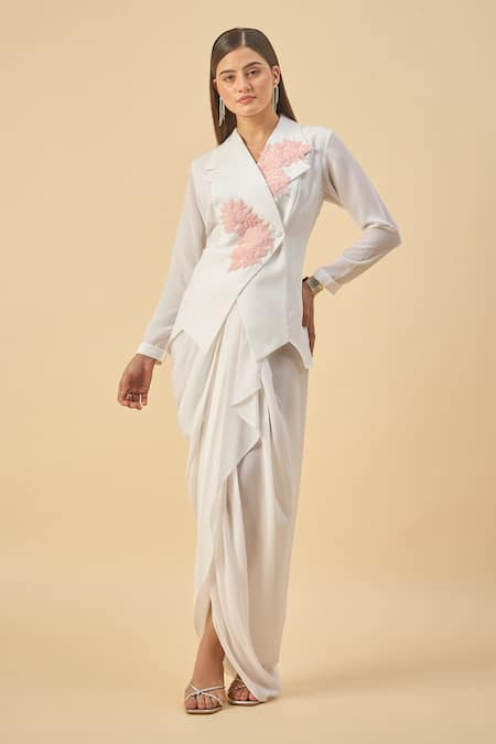 Aakaar White Embroidered Blazer And Dhoti Skirt Set 