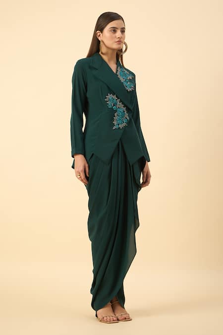 Buy_Aakaar_Green Modal Embroidery Blazer And Dhoti Skirt Set _Online_at_Aza_Fashions