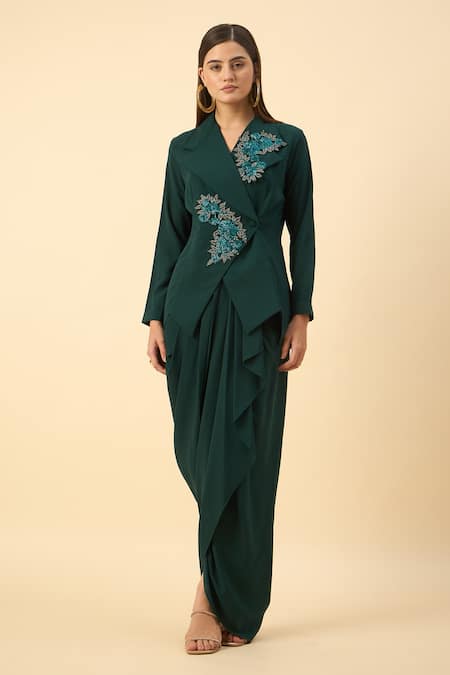 Shop_Aakaar_Green Modal Embroidery Blazer And Dhoti Skirt Set _Online_at_Aza_Fashions