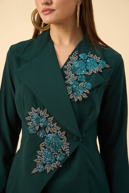 Aakaar_Green Modal Embroidery Blazer And Dhoti Skirt Set _at_Aza_Fashions