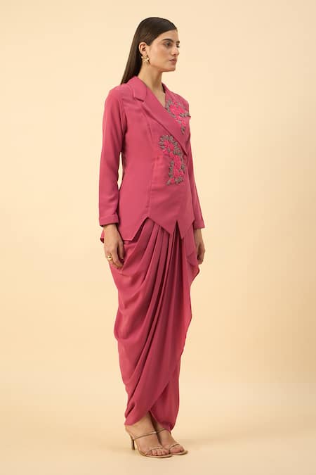 Aakaar_Pink Modal Embroidery Blazer And Dhoti Skirt Set _Online_at_Aza_Fashions