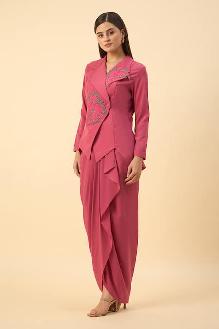 Buy_Aakaar_Pink Modal Embroidery Blazer And Dhoti Skirt Set _Online_at_Aza_Fashions