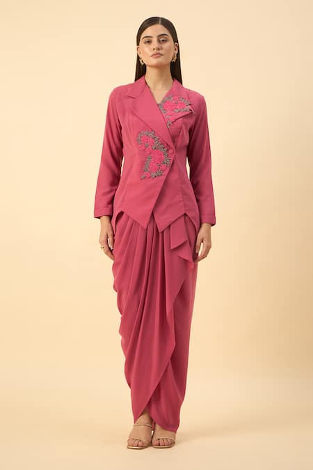 Shop_Aakaar_Pink Modal Embroidery Blazer And Dhoti Skirt Set _Online_at_Aza_Fashions
