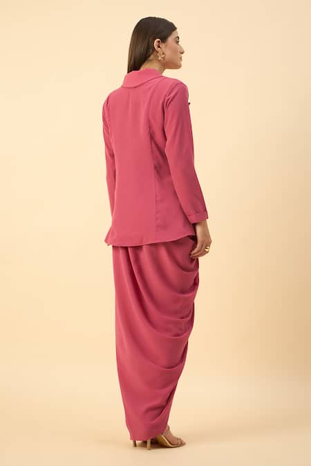Shop_Aakaar_Pink Modal Embroidery Blazer And Dhoti Skirt Set _at_Aza_Fashions