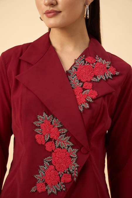 Aakaar Red Modal Embroidery Blazer And Dhoti Skirt Set Online at Aza Fashions Aakaar_Red Modal Embroidery Blazer And Dhoti Skirt Set _Online_at_Aza_Fashions