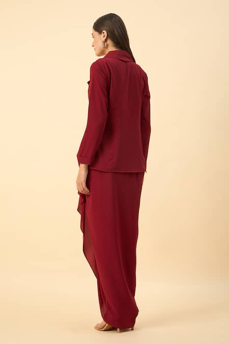 Shop Aakaar Red Modal Embroidery Blazer And Dhoti Skirt Set at Aza Fashions Shop_Aakaar_Red Modal Embroidery Blazer And Dhoti Skirt Set _at_Aza_Fashions