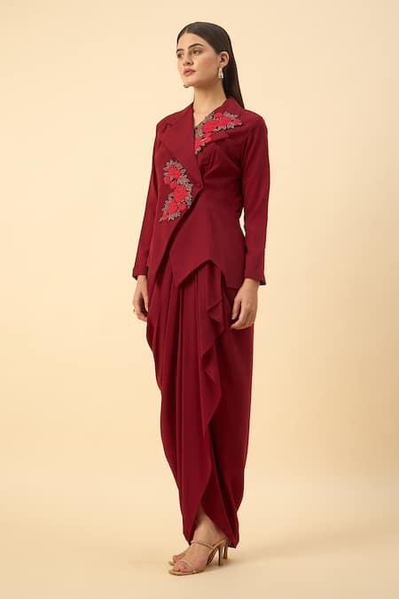 Buy Aakaar Red Modal Embroidery Blazer And Dhoti Skirt Set Online at Aza Fashions Buy_Aakaar_Red Modal Embroidery Blazer And Dhoti Skirt Set _Online_at_Aza_Fashions