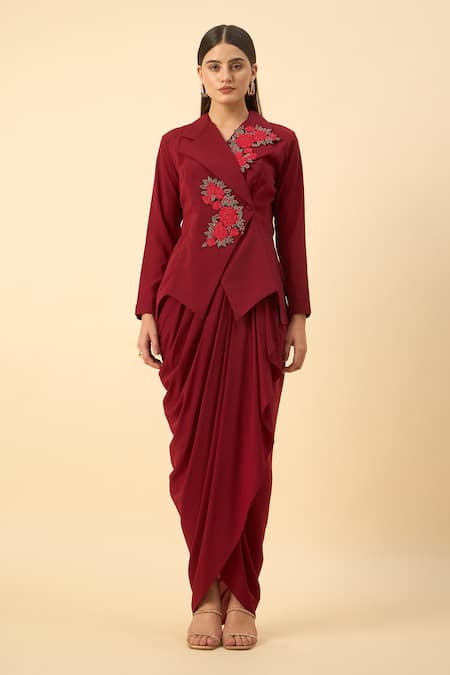 Shop Aakaar Red Modal Embroidery Blazer And Dhoti Skirt Set Online at Aza Fashions Shop_Aakaar_Red Modal Embroidery Blazer And Dhoti Skirt Set _Online_at_Aza_Fashions