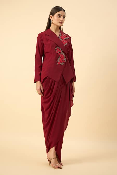 Aakaar Red Modal Embroidery Blazer And Dhoti Skirt Set at Aza Fashions Aakaar_Red Modal Embroidery Blazer And Dhoti Skirt Set _at_Aza_Fashions