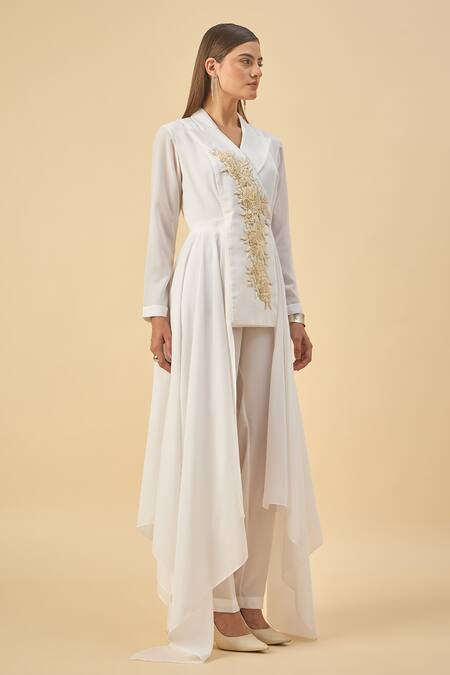 Aakaar_White Modal, Crepe Embroidery Moss Blazer And Pant Set _Online_at_Aza_Fashions