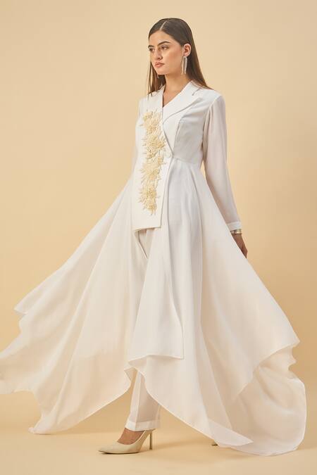 Buy_Aakaar_White Modal, Crepe Embroidery Moss Blazer And Pant Set _Online_at_Aza_Fashions