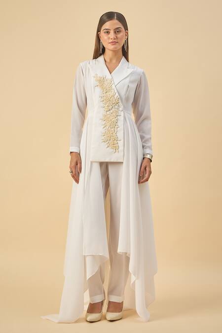 Shop_Aakaar_White Modal, Crepe Embroidery Moss Blazer And Pant Set _Online_at_Aza_Fashions