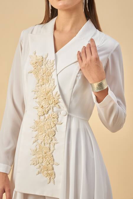 Aakaar_White Modal, Crepe Embroidery Moss Blazer And Pant Set _at_Aza_Fashions