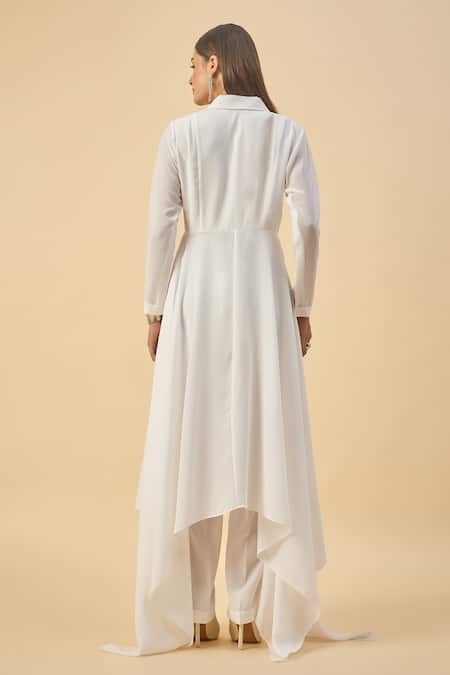 Shop_Aakaar_White Modal, Crepe Embroidery Moss Blazer And Pant Set _at_Aza_Fashions