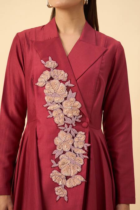 Aakaar Cream Cotton Embroidery Crimson Red Designer Blazer And Pant Set Online at Aza Fashions Aakaar_Cream Cotton Embroidery Crimson Red Designer Blazer And Pant Set _Online_at_Aza_Fashions