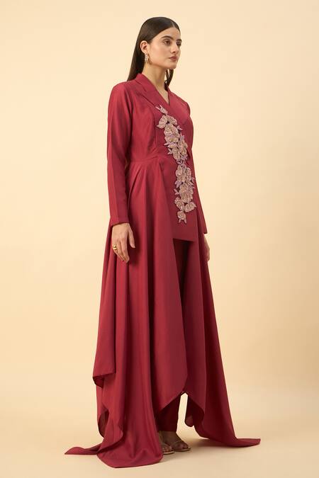 Buy Aakaar Cream Cotton Embroidery Crimson Red Designer Blazer And Pant Set Online at Aza Fashions Buy_Aakaar_Cream Cotton Embroidery Crimson Red Designer Blazer And Pant Set _Online_at_Aza_Fashions