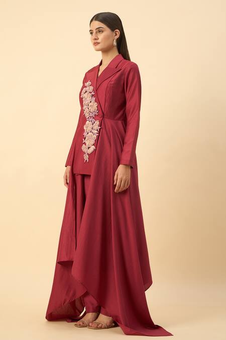 Shop Aakaar Cream Cotton Embroidery Crimson Red Designer Blazer And Pant Set Online at Aza Fashions Shop_Aakaar_Cream Cotton Embroidery Crimson Red Designer Blazer And Pant Set _Online_at_Aza_Fashions