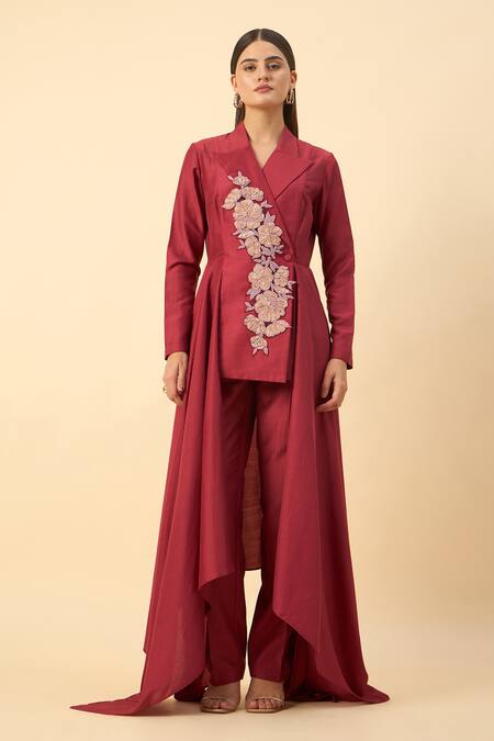 Aakaar Cream Cotton Embroidery Crimson Red Designer Blazer And Pant Set at Aza Fashions Aakaar_Cream Cotton Embroidery Crimson Red Designer Blazer And Pant Set _at_Aza_Fashions