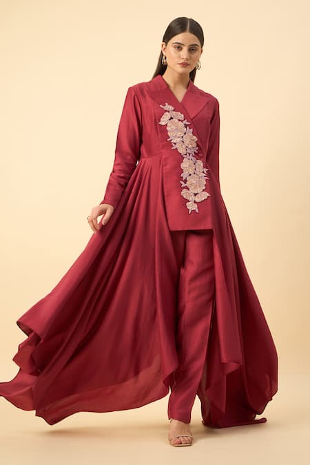 Aakaar Crimson Red Designer Blazer & Pant Set 