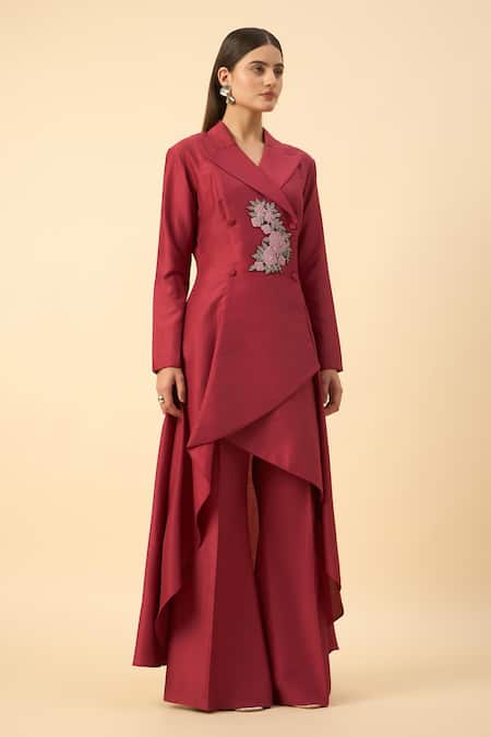 Aakaar_Cream Cotton, Silk Embroidery Crimson Red Blazer Tunic And Palazzo Set _Online_at_Aza_Fashions