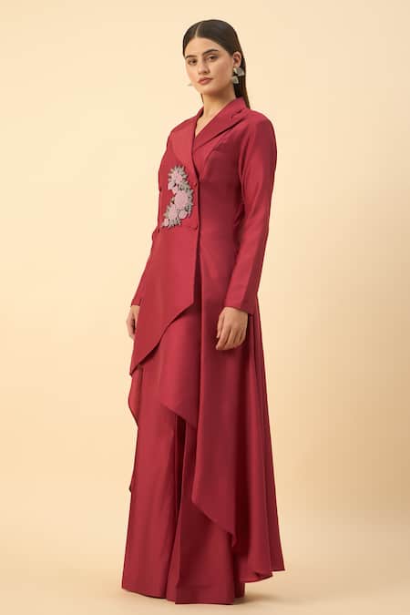 Buy_Aakaar_Cream Cotton, Silk Embroidery Crimson Red Blazer Tunic And Palazzo Set _Online_at_Aza_Fashions