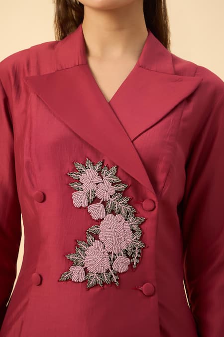 Shop_Aakaar_Cream Cotton, Silk Embroidery Crimson Red Blazer Tunic And Palazzo Set _Online_at_Aza_Fashions