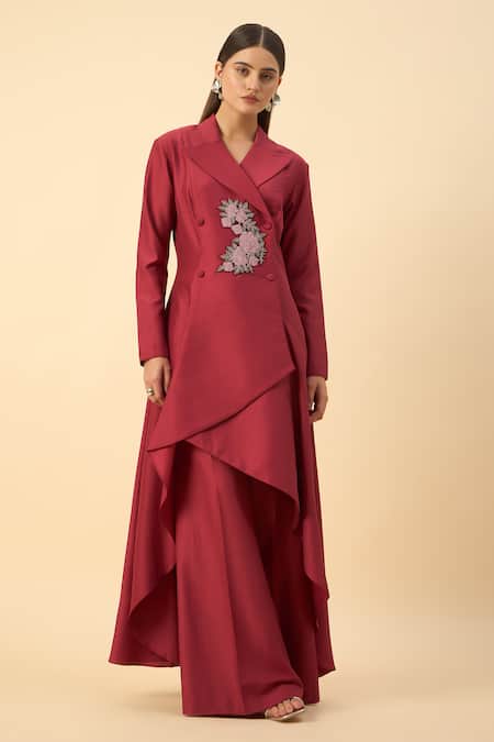Aakaar Crimson Red Blazer Tunic & Palazzo Set 
