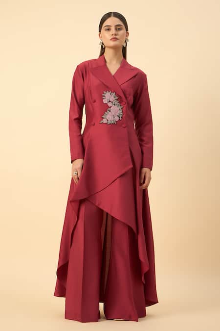 Buy_Aakaar_Cream Cotton, Silk Embroidery Crimson Red Blazer Tunic And Palazzo Set 