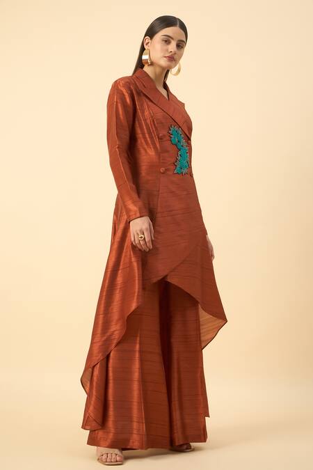 Aakaar Brown Silk Beads Copper Blazer Tunic And Palazzo Set Online at Aza Fashions Aakaar_Brown Silk Beads Copper Blazer Tunic And Palazzo Set _Online_at_Aza_Fashions