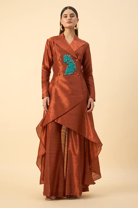 Buy Aakaar Brown Silk Beads Copper Blazer Tunic And Palazzo Set Online at Aza Fashions Buy_Aakaar_Brown Silk Beads Copper Blazer Tunic And Palazzo Set _Online_at_Aza_Fashions