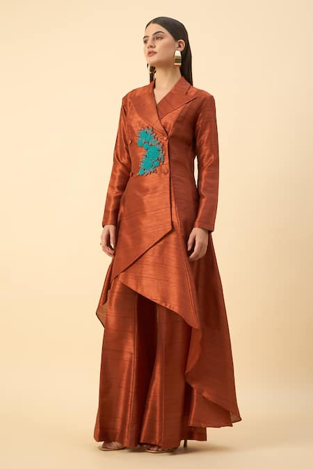 Shop Aakaar Brown Silk Beads Copper Blazer Tunic And Palazzo Set Online at Aza Fashions Shop_Aakaar_Brown Silk Beads Copper Blazer Tunic And Palazzo Set _Online_at_Aza_Fashions