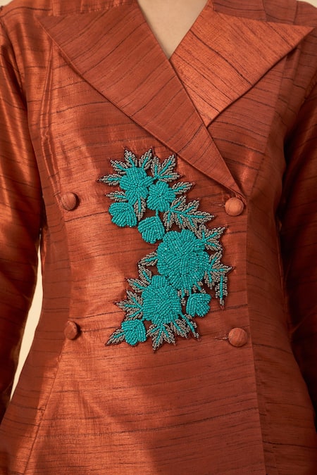 Buy Aakaar Brown Silk Beads Copper Blazer Tunic And Palazzo Set Buy_Aakaar_Brown Silk Beads Copper Blazer Tunic And Palazzo Set