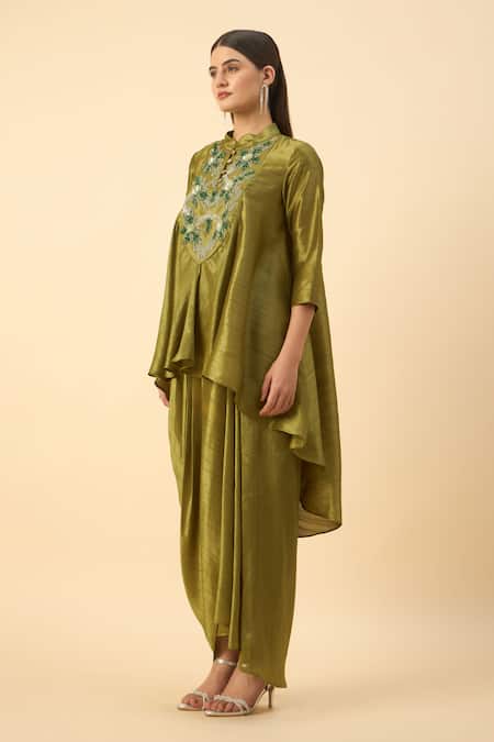 Aakaar_Green Silk Beads, Embroidery Mandarin Collar Tunic And Draped Skirt Set _Online_at_Aza_Fashions