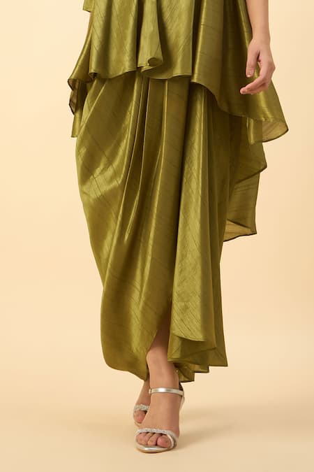 Shop_Aakaar_Green Silk Beads, Embroidery Mandarin Collar Tunic And Draped Skirt Set _Online_at_Aza_Fashions
