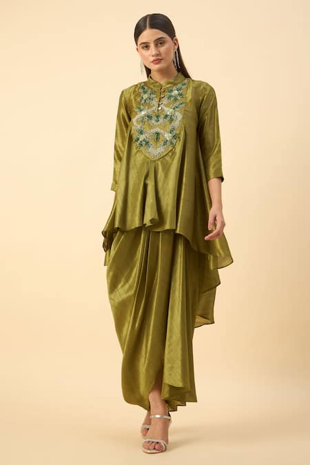 Aakaar Embroidered Green Tunic & Draped Skirt Set 