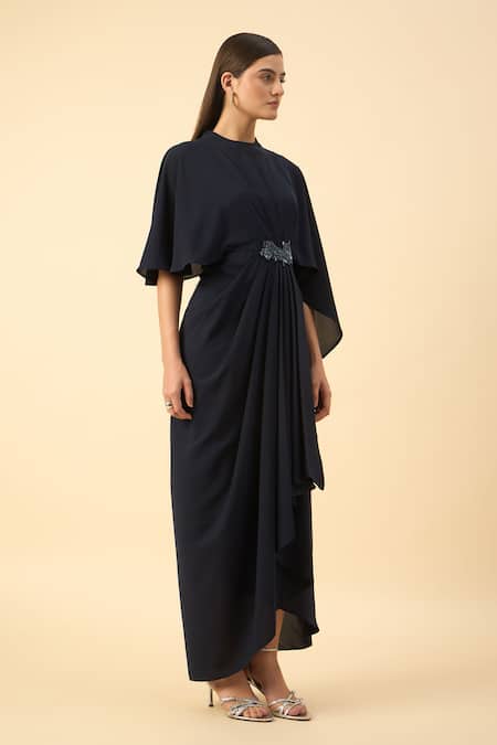 Aakaar_Navy Modal Beads Round Neck Blue Draped Maxi Dress _Online_at_Aza_Fashions