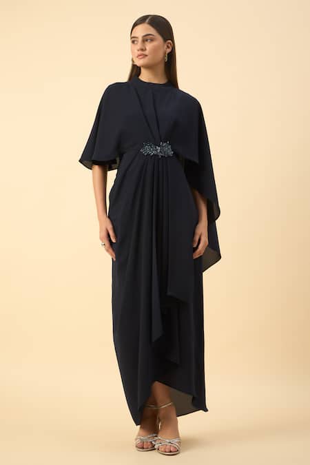 Buy_Aakaar_Navy Modal Beads Round Neck Blue Draped Maxi Dress _Online_at_Aza_Fashions