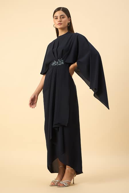 Shop_Aakaar_Navy Modal Beads Round Neck Blue Draped Maxi Dress _Online_at_Aza_Fashions