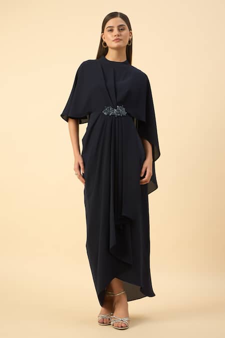 Aakaar Navy Blue Draped Maxi Dress 
