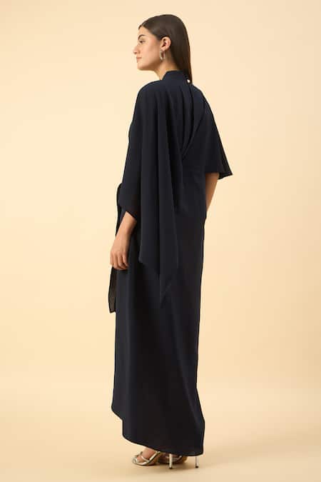 Shop_Aakaar_Navy Modal Beads Round Neck Blue Draped Maxi Dress _at_Aza_Fashions